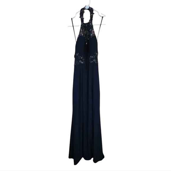 Blondie Nites navy blue formal dress with sheer sides and halter Size 1 - Picture 1 of 7